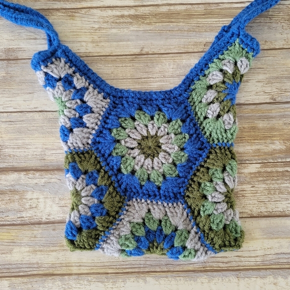 Handmade Crochet Granny Square Hexagon Crossbody Shoulder Bag Blue Green Gray - Picture 4 of 7